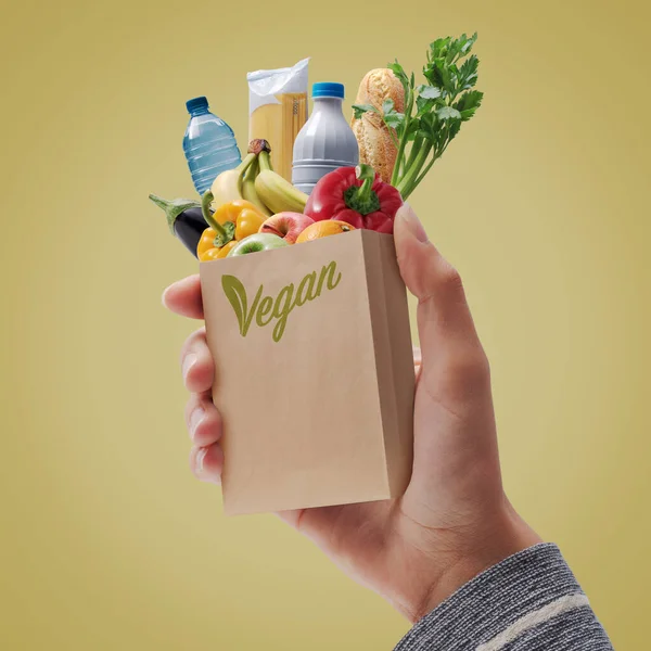 Woman Holding Full Mini Grocery Bag Healthy Vegan Goods — Stock Photo, Image