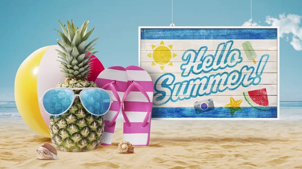ビーチでぶら下がってサングラスや木製の看板を持つクールなパイナップル 夏休みのコンセプト — ストック写真