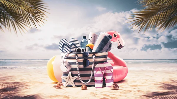 热带海滩上的海滩袋 装有配件和可爱的充气火烈鸟 暑假和旅行理念 — 图库照片