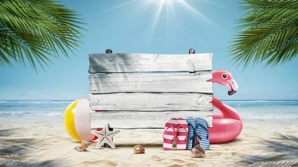 砂の上の古い木製の看板やカラフルなビーチアクセサリー 背景の熱帯の海 夏の休暇のコンセプト — ストック写真