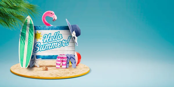 Sommerurlaub Strand Altes Holzschild Mit Hallo Sommer Text Und Strandaccessoires — Stockfoto