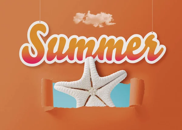Summer Sign Hanging Starfish Coming Out Torn Paper Hole — Stock Photo, Image