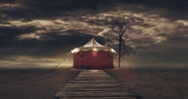 Scary vintage circus tent in the dark, horror and mystery concept clipart