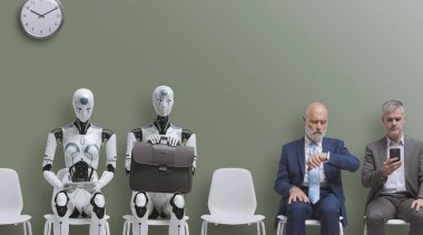 Business people and humanoid AI robot sitting and waiting for a job interview: AI vs human competition