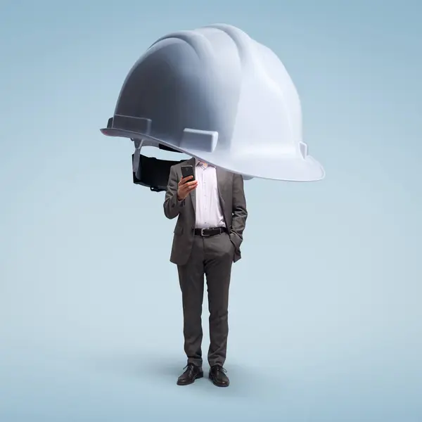 Big Safety Helmet Protecting Corporate Businessman Using Smartphone Data Protection — Stock Photo, Image