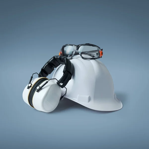 安全帽 耳罩和护目镜 个人防护设备和工作场所安全概念 — 图库照片