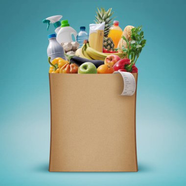 Kese kağıdında çeşitli taze yiyecekler, market alışverişi konsepti.