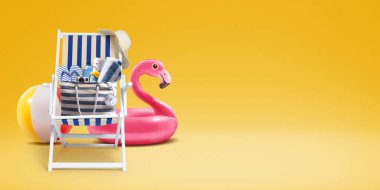 Deckchair and colorful beach accessories: summertime and vacations concept