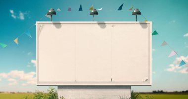 Beyaz posterleri, yaylı bayrakları, reklamları ve iletişim konseptini olan büyük, antika reklam panoları.