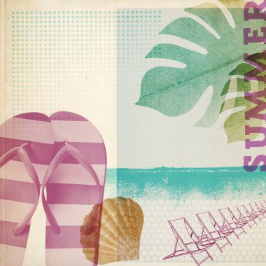 Summer vacations at the beach creative vintage collage: flip-flops and deckchairs