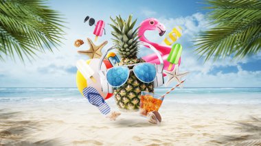 Kulaklıklı komik ananas plajda ve plaj eşyalarında eğleniyor.