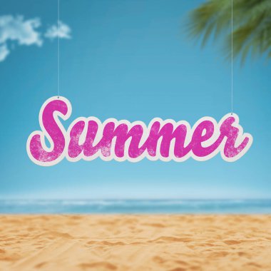 Plajda yaz tabelası, seyahat ve yaz tatili konsepti