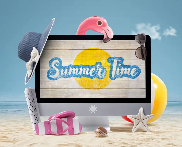 Computer Blank Screen Colorful Beach Accessories Summer Vacations Concept — Stock Photo, Image