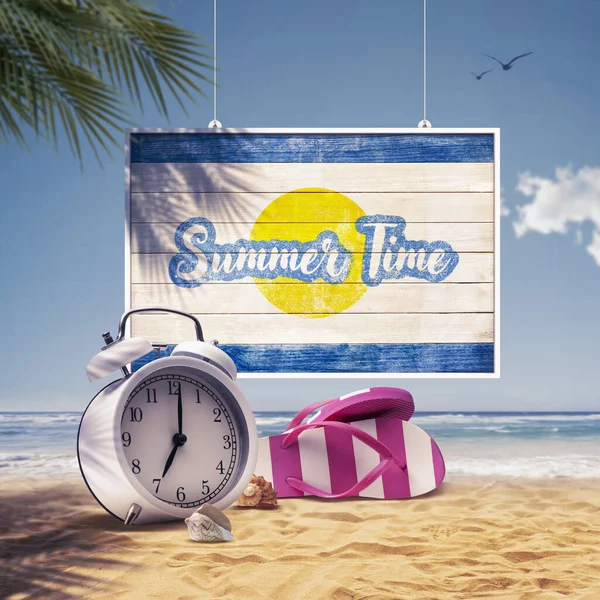Old wooden summer time sign and big alarm clock on the beach, summertime and vacations concept