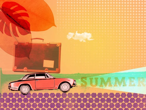 ヴィンテージカーとスーツケース付き夏休みレトロスタイルのコラージュ — ストック写真