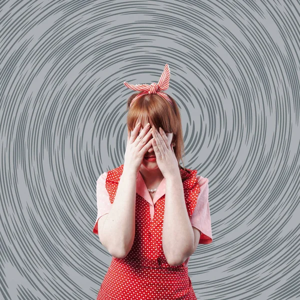 Stressed Sad Vintage Style Housewife Portrait She Crying Head Hands — Stock Photo, Image