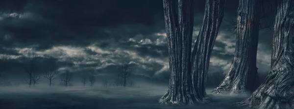 Cadılar Bayramı Korku Arkaplanı Bulutlu Sisli Kuru Ağaçlı Karanlık Gece — Stok fotoğraf