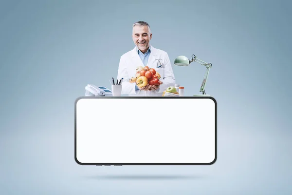 Professional Nutritionist Working His Office Smartphone Blank Screen Telemedicine Online — Stock Photo, Image