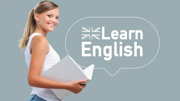 Young Smiling Woman Holding Book Learning English School Education Concept — Stock Photo, Image