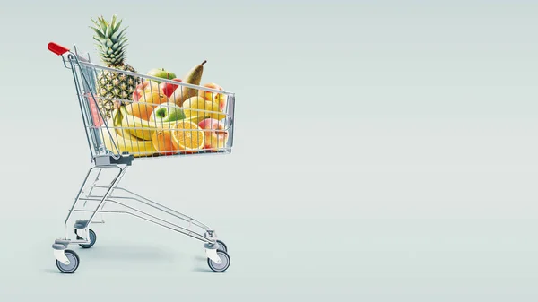 Shopping Cart Full Fresh Fruits Grocery Shopping Sale Healthy Food — Stock Photo, Image