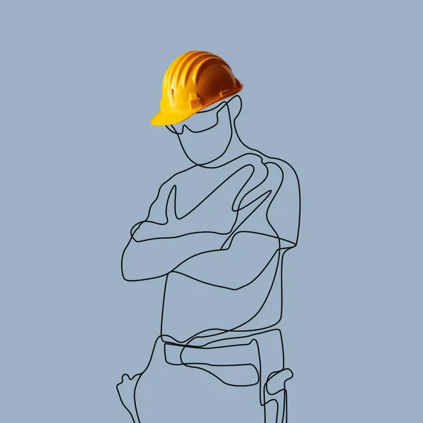 Line Drawing Construction Worker Wearing Hard Hat Safety Work Concept — Stock Photo, Image