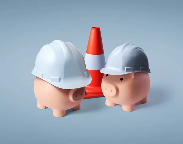 Piggy Banks Wearing Safety Helmet Construction Budgeting Planning Concept — Stock Photo, Image