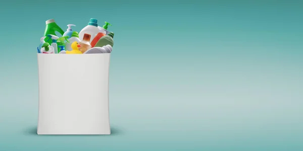 Surtido Artículos Para Hogar Detergentes Una Bolsa Compras Espacio Para —  Fotos de Stock