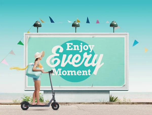 Happy Woman Riding Scooter Going Beach Motivational Poster Background Enjoy — Stock Photo, Image