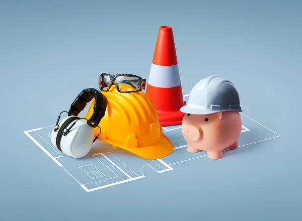 Safety Equipment Work Tools Piggy Bank Home Blueprint Home Renovation — Stock Photo, Image