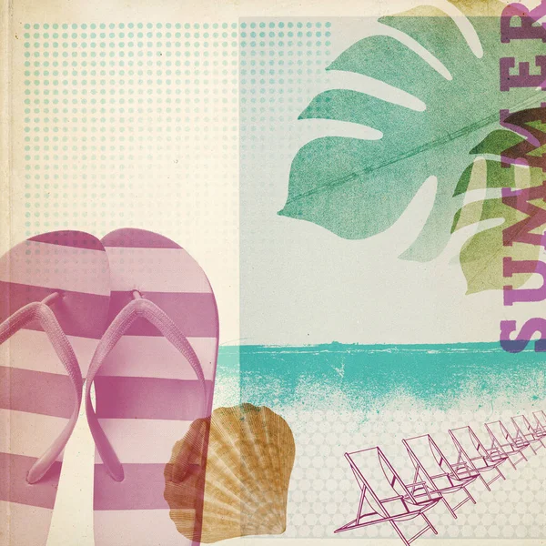 Summer Vacations Beach Creative Vintage Collage Flip Flops Deckchairs — Stok fotoğraf
