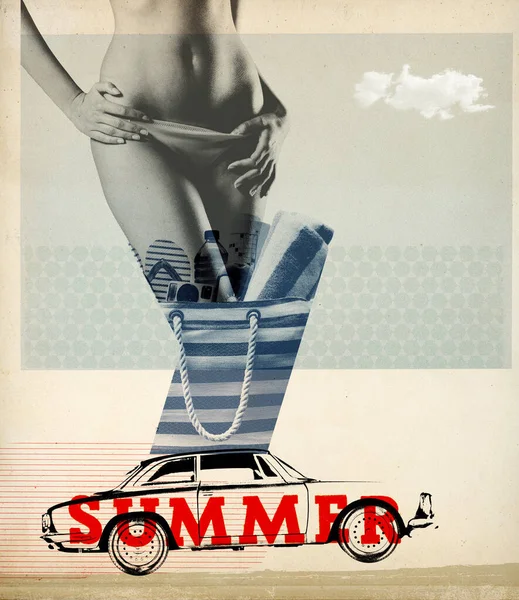 Sommerurlaub Strand Collage Vintage Poster Mit Schöner Junger Frau Bikini — Stockfoto
