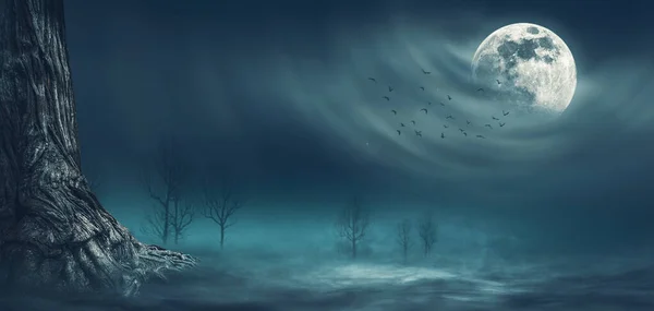 Läskig Nattscen Med Träd Upplysta Fullmånen Himlen Skräck Och Fantasi — Stockfoto