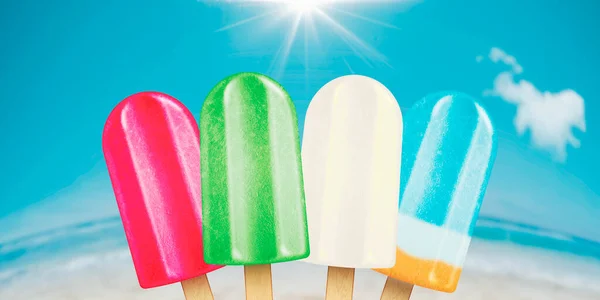 Delicious Assorted Popsicles Beach Background — Stock Photo, Image