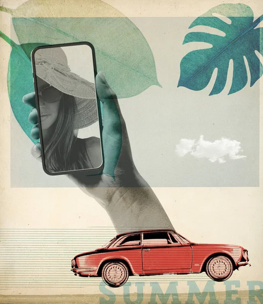 Kesäloma Vintage Kollaasi Juliste Käsi Tilalla Älypuhelin Selfie Vintage Auto — kuvapankkivalokuva
