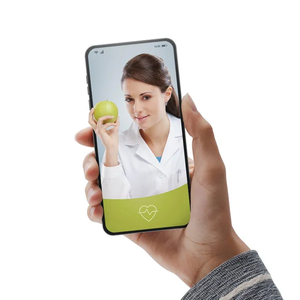 通过智能手机在线呼叫营养师的病人视频 在线医生视频咨询 — 图库照片