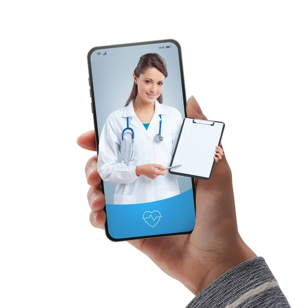 Smiling Female Doctor Smartphone Screen Giving Medical Prescription Online Doctor — Stock Photo, Image