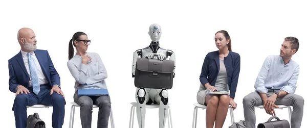 Disappointed Job Applicants Sitting Waiting Room Staring Robot Candidate Waiting — Stockfoto