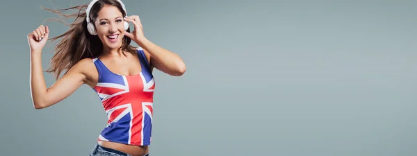 Smiling Dancing Girl Wearing British Flag Tank Top Dancing She — Stock Photo, Image