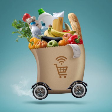 Otomatik alışveriş torbası, online market alışverişi ve teslimat konsepti.