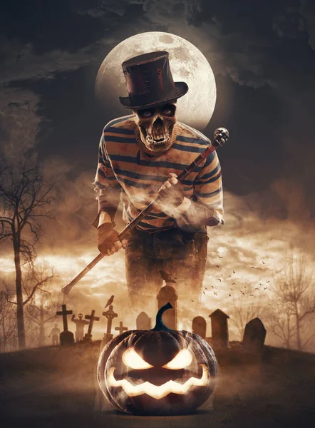 Плакат Ужасов Хэллоуин Жутким Скелетом Тыквой Кладбищем — стоковое фото