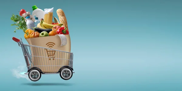 Fast Turbo Shopping Cart Delivering Groceries Online Grocery Shopping Express — Stock Photo, Image