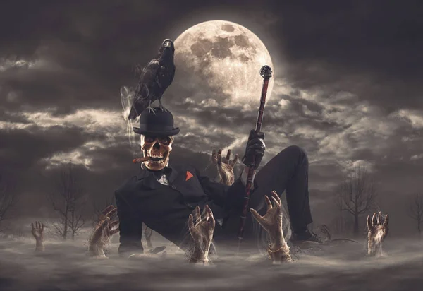 Skrämmande Elegant Skelett Karaktär Med Kråka Huvudet Och Zombies Stiger — Stockfoto
