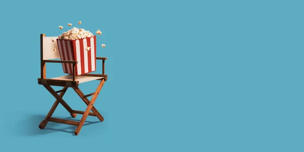 Cadeira Diretor Pipocas Frescas Cinematografia Filmes Conceito Entretenimento — Fotografia de Stock