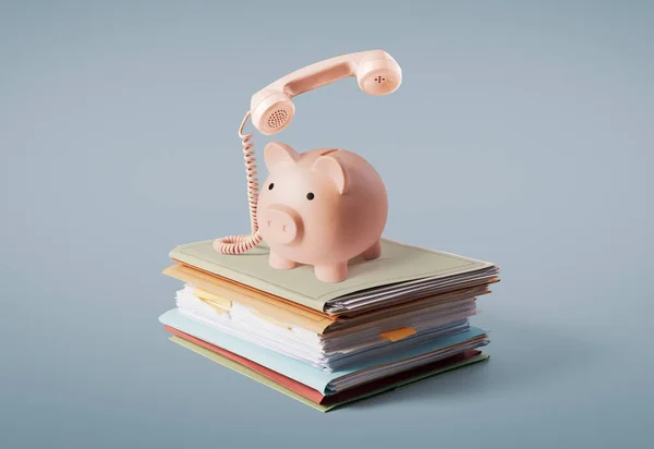 Piggy Bank Telephone Pile Paperwork Banking Assistance Insurance Concept Copy — Stock Photo, Image