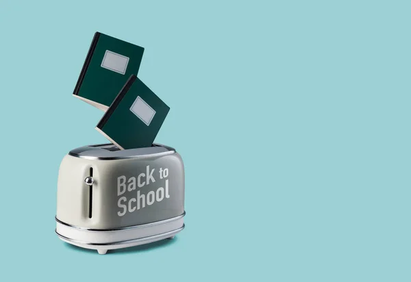Notebooks Popping Out Vintage Toaster Back School Concept — Stock Photo, Image