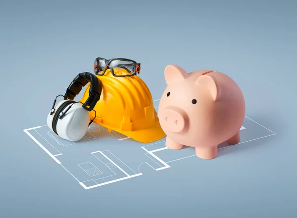 Safety Equipment Work Tools Piggy Bank Home Blueprint Home Renovation — Stock Photo, Image