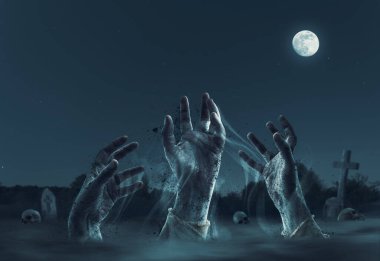 Mezarlıktan çıkan ürkütücü zombiler, korku ve Cadılar Bayramı konsepti.