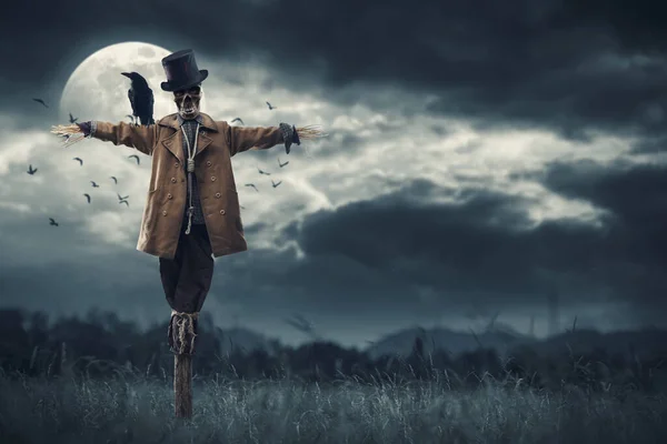 Uhyggelig Fugleskræmsel Med Krage Skulder Fuldmåne Nattehimlen Rædsel Halloween Koncept - Stock-foto