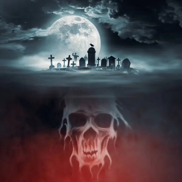Cemitério Assustador Com Zumbis Noite Grande Crânio Assustador Halloween Fundo — Fotografia de Stock