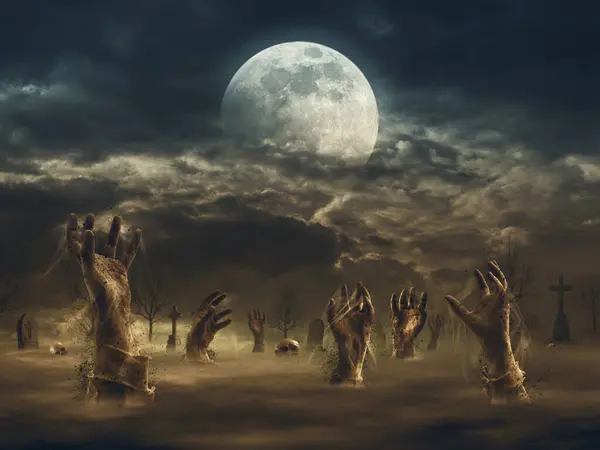 Zumbis Assustadores Saindo Seus Túmulos Cemitério Horror Conceito Halloween — Fotografia de Stock